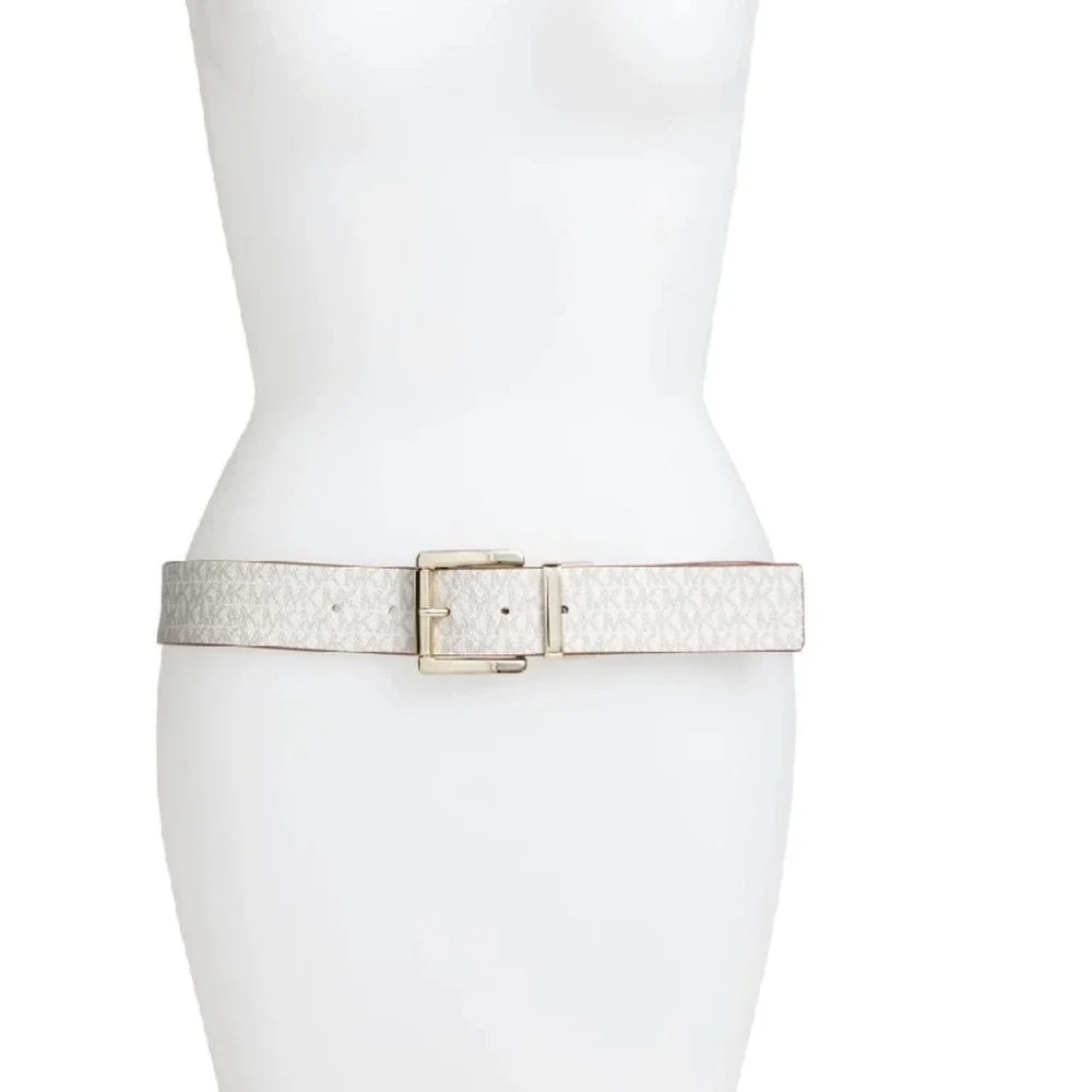 Michael Kors Mens Monogram Logo Belt Beige Brown Gold‎ Buckle 556023 Size M